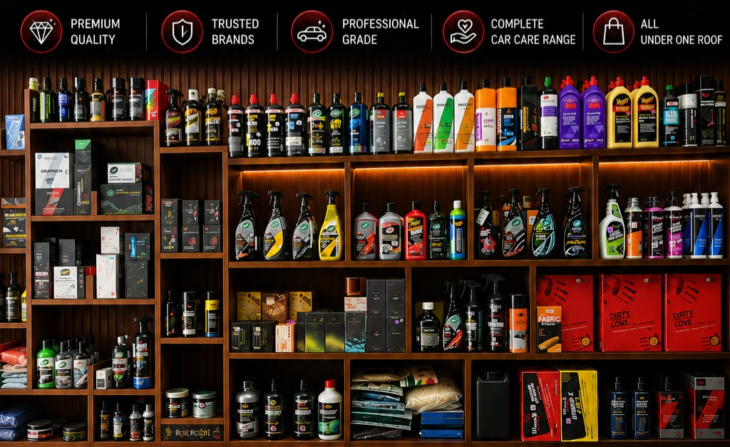 Wall of professional car care and detailing products stocked at HR 30 Car Detailing Studio